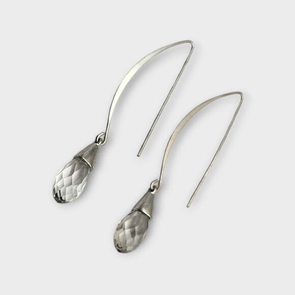 Faceted Glass Drop Silver Tone Long Wire Earrings - Picture 3 of 5